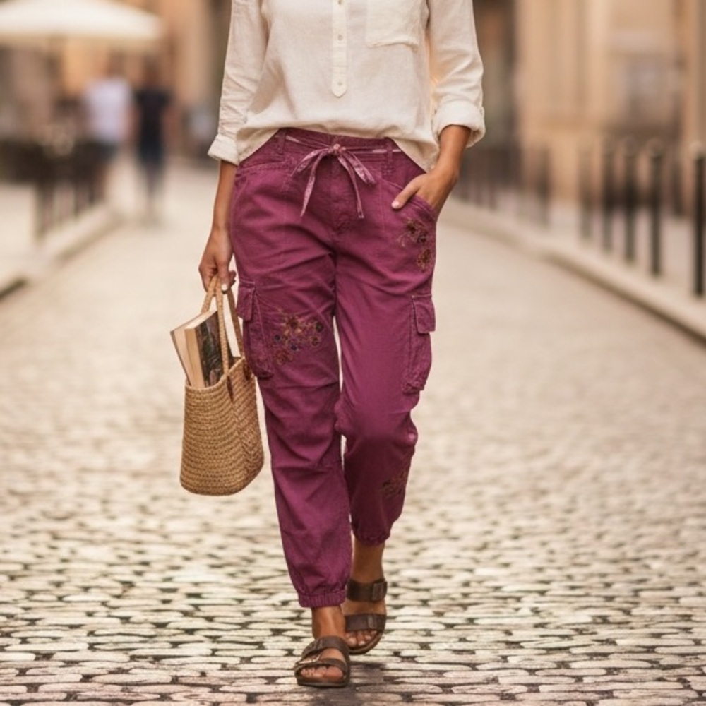 Sundance Plum Floral Embroidered Linen Cotton Belted  Boho‎ Jogger Pants